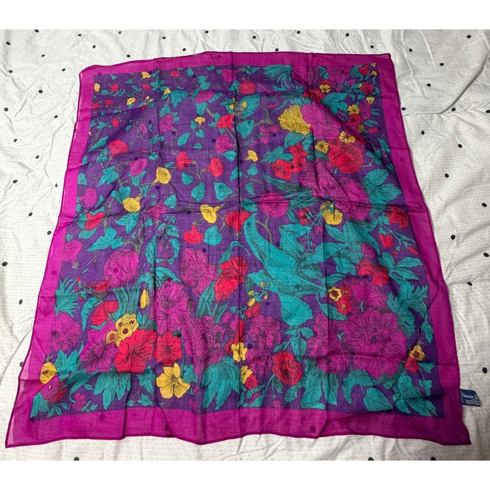 Vintage 1988 Ginnie Johansen Floral Cotton Scarf Purple Magenta 26"